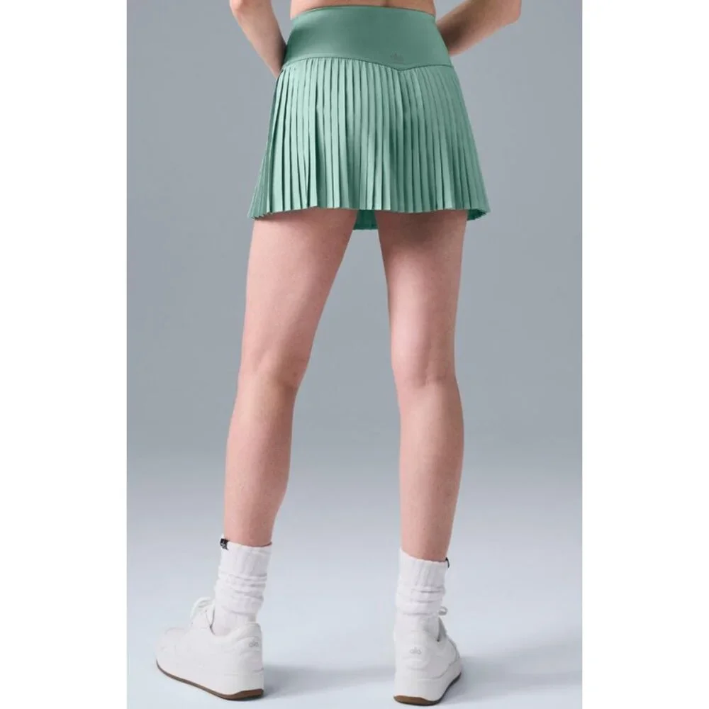 Alo Airlift Grand Slam Tennis Skirt Botanical Green High-Rise Waist Pleats Skort